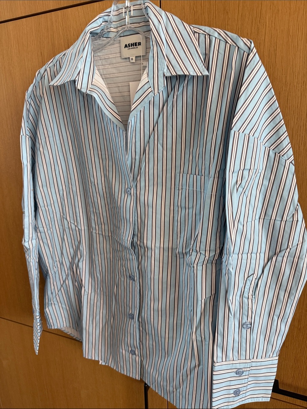 ASHER Karis Button Down striped shirt color brown/ blue color Size XSmall NWT - Picture 5 of 9